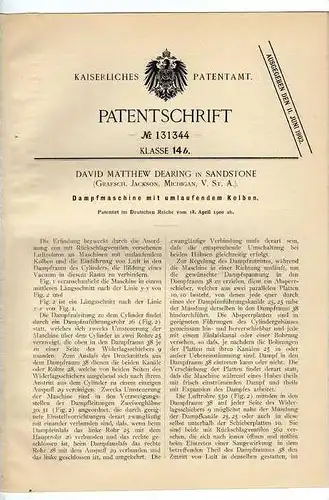 Original Patentschrift - D. Dearing in Sandstone , Michigan , Dampfmaschine , 1900  !!!
