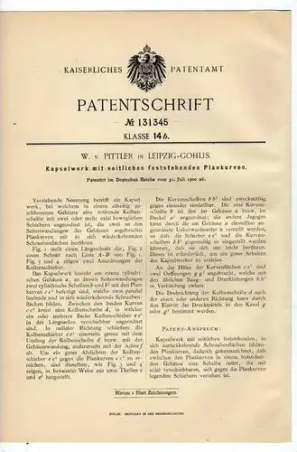 Original Patentschrift - W.v. Pittler in Leipzig - Gohlis , Kapselwerk , 1900 !!!