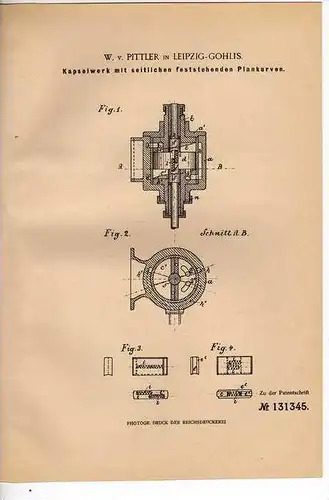 Original Patentschrift - W.v. Pittler in Leipzig - Gohlis , Kapselwerk , 1900 !!!