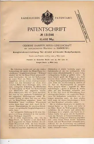 Original Patentschrift - Dampfpumpen GmbH Hamburg , 1900 , Ausgleich für Dampfpumpen !!!