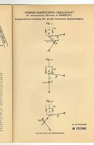 Original Patentschrift - Dampfpumpen GmbH Hamburg , 1900 , Ausgleich für Dampfpumpen !!!