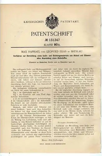 Original Patentschrift - L. Elias in Breslau , Asbest Dichtmaterial , 1900  !!!
