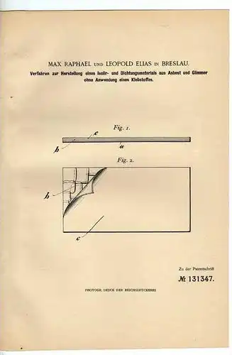 Original Patentschrift - L. Elias in Breslau , Asbest Dichtmaterial , 1900  !!!