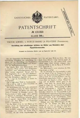 Original Patentschrift - V. Kimmel in Rouge Barre La Pilaterie ,1901, Papierhülsenmaschine  !!!