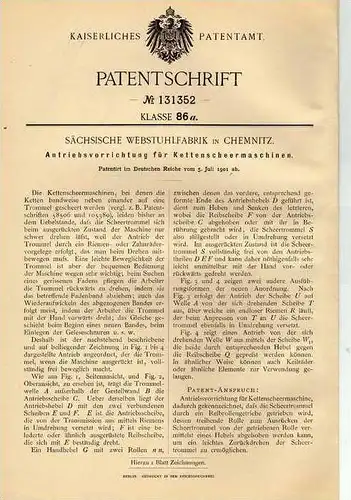 Original Patentschrift - Sächs. Webstuhlfabrik in Chemnitz , Kettenscheermaschine , 1901 , Weberei !!!