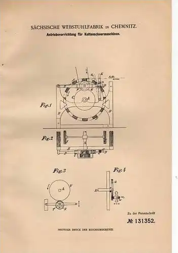 Original Patentschrift - Sächs. Webstuhlfabrik in Chemnitz , Kettenscheermaschine , 1901 , Weberei !!!