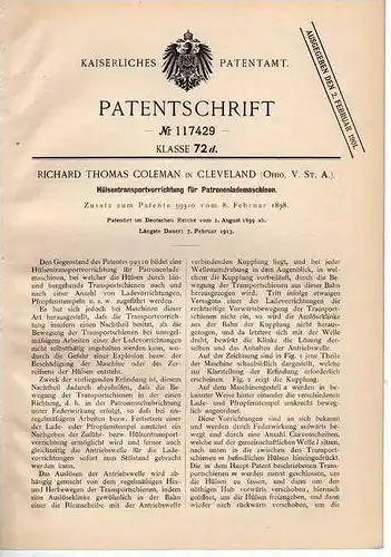 Original Patentschrift - Th. Coleman in Cleveland , Ohio , 1899 , Patronenlademaschine , Patronen !!!