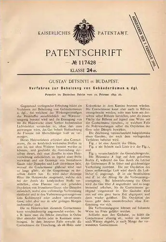 Original Patentschrift - G. Detsinyi in Budapest , 1899 , Heizung , Ofen für Gebäude  !!!