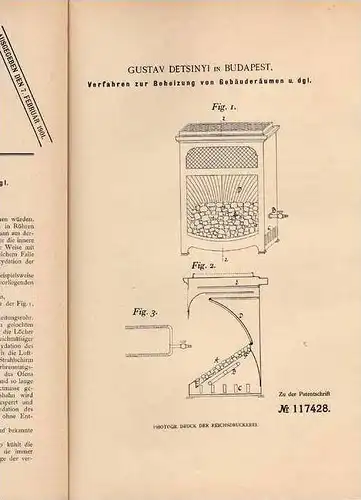 Original Patentschrift - G. Detsinyi in Budapest , 1899 , Heizung , Ofen für Gebäude  !!!