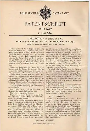 Original Patentschrift - C. Pötsch in Minden i. Westf. , 1900 , Sockel für Säulen , Maste, Bau , Architektur !!!