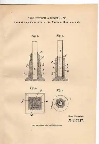 Original Patentschrift - C. Pötsch in Minden i. Westf. , 1900 , Sockel für Säulen , Maste, Bau , Architektur !!!