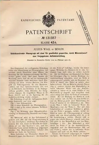 Original Patentschrift - J. Wall in Berlin , Phonograph , Jukebox , 1901 !!!
