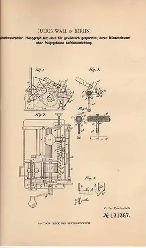 Original Patentschrift - J. Wall in Berlin , Phonograph , Jukebox , 1901 !!!