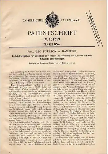 Original Patentschrift - Fa. Poulsen in Hamburg ,1901 , Kenterschutz für Schiffe , Schiffbau !!!