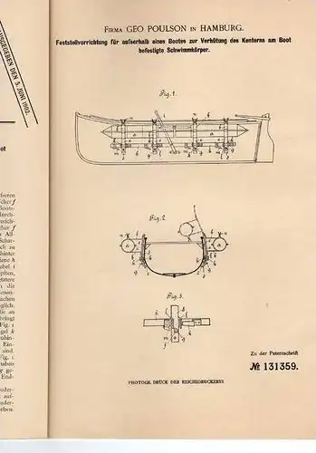 Original Patentschrift - Fa. Poulsen in Hamburg ,1901 , Kenterschutz für Schiffe , Schiffbau !!!