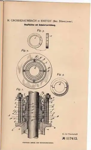 Original Patentschrift - H. Grosskraumbach in Reydt ,1899 , Düsseldorf , Stopfbüchse !!!