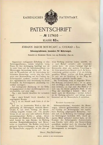 Original Patentschrift - J. Bourcart in Colmar , Elsass ,1899 , Bremse für Motorwagen , Automobile !!!
