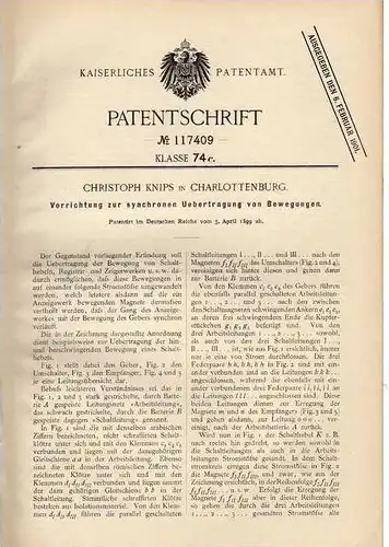 Original Patentschrift - Ch. Knips in Charlottenburg ,1899 , Apparat zur Synchronisierung !!!