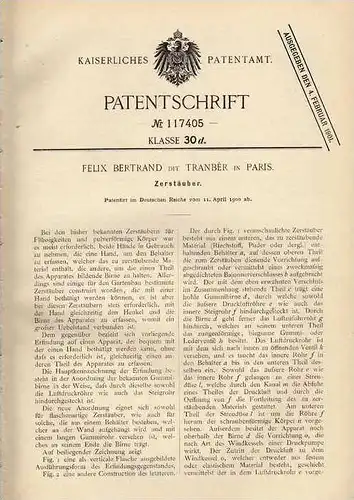 Original Patentschrift - F. Bertrand in Paris , 1900 , Zerstäuber , Parfüm , parfum !!!