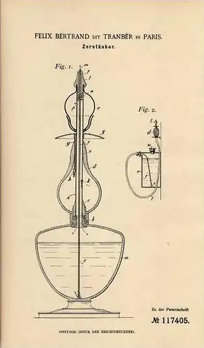 Original Patentschrift - F. Bertrand in Paris , 1900 , Zerstäuber , Parfüm , parfum !!!