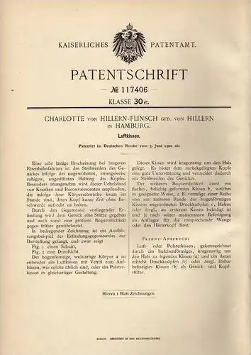 Original Patentschrift - C. v. Hillern in Hamburg , 1900 , Luftkissen , Therapie , Arzt , Sitzkissen !!!