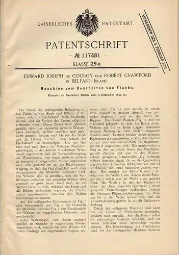 Original Patentschrift - De Courcy und Crawford in Belfast , Irland , Maschine zum Bearbeiten von Flachs , 1899 !!!