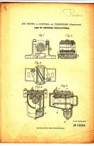 Original Patentschrift - Jos. Thoma in Achthal bei Teisendorf , 1880 , Lager mit Schmiervorrichtung , Maschinenbau !!!