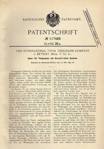 Original Patentschrift - The international Typal Telegraph Company in Detroit , USA ,  Telegraph Baudot , telegraphy !!!