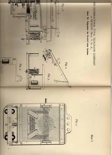 Original Patentschrift - The international Typal Telegraph Company in Detroit , USA ,  Telegraph Baudot , telegraphy !!!