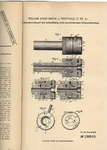 Original Patentschrift -  W.J. Smith in Westville , USA , Gewindeschneider , 1900 !!!