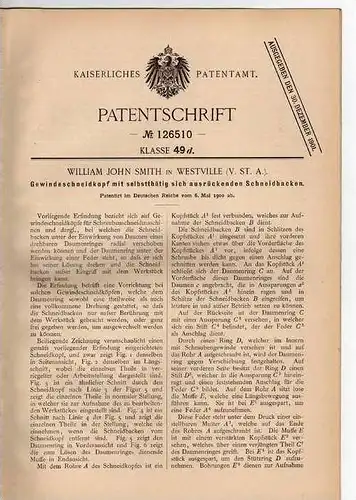 Original Patentschrift -  W.J. Smith in Westville , USA , Gewindeschneider , 1900 !!!