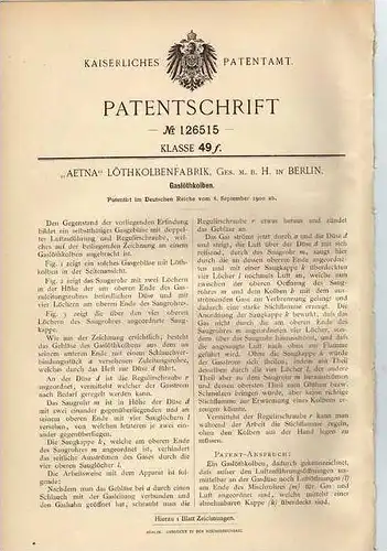 Original Patentschrift -  AETNA Löthkolbenfabrik GmbH in Berlin , Lötkolben , 1900 !!!