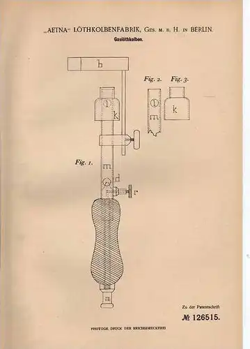 Original Patentschrift -  AETNA Löthkolbenfabrik GmbH in Berlin , Lötkolben , 1900 !!!