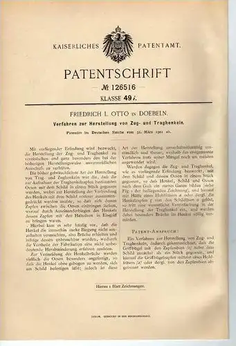 Original Patentschrift -  Friedrich Otto in Doebeln , Zug- und Traghenkel 1901 !!!