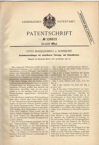 Original Patentschrift - O. Bocklenberg in Ronsdorf , Gewindeschneidkluppe 1901  !!!