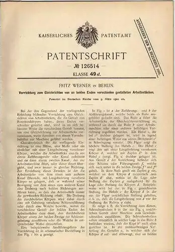 Original Patentschrift - F.Werner in Berlin , Gleichrichter für Arbeitsstücke , 1901  !!!