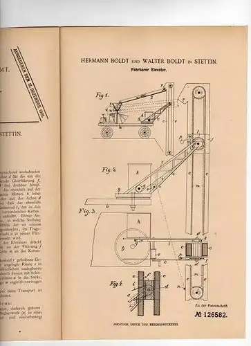 Original Patentschrift -  H. und B. Boldt in Stettin , Elvator , Feuerlöscher , Kran für Schiffe 1900 !!!