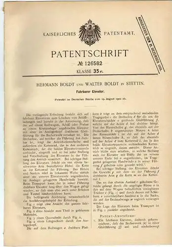 Original Patentschrift -  H. und B. Boldt in Stettin , Elvator , Feuerlöscher , Kran für Schiffe 1900 !!!