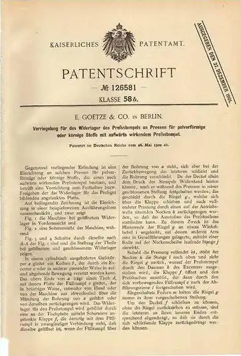Original Patentschrift - E.Goetze & Co in Berlin , Presse , Presstempel , 1900  !!!