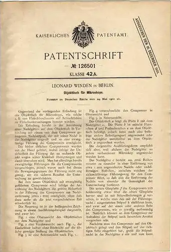 Original Patentschrift -  Leonard Winden in Berlin ,  Objekttisch für Mikroskop , 1901 !!!