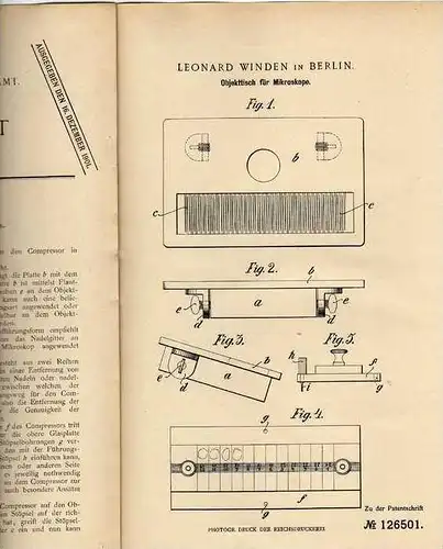 Original Patentschrift -  Leonard Winden in Berlin ,  Objekttisch für Mikroskop , 1901 !!!