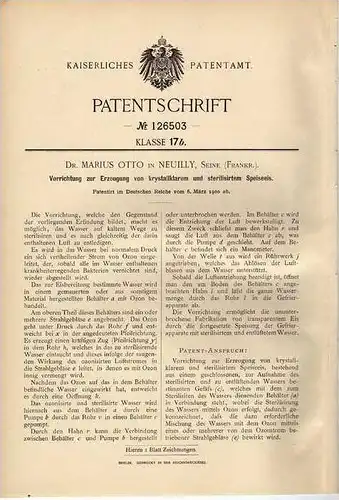 Original Patentschrift -  Dr. Maurius Otto in Neuilly , Seine Frankreich , Eismaschine 1900 !!!
