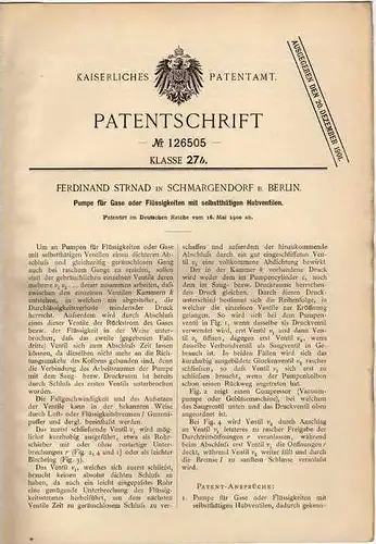 Original Patentschrift -  Ferdinand Strnad , Schmargendorf b. Berlin , Pumpe für Gase / Flüssigkeiten  !!!