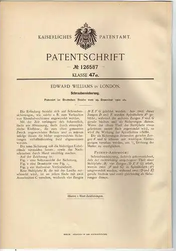 Original Patentschrift -  Schraubensicherung , Edward Williams in London , 1900 !!!