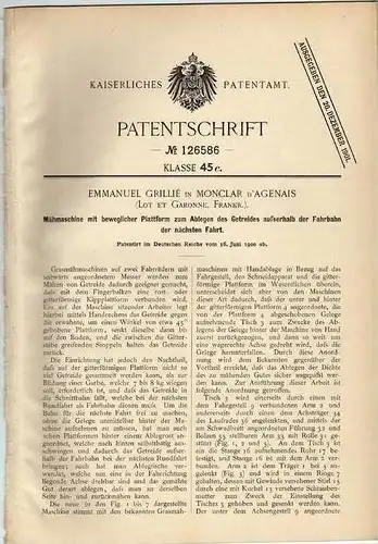 Original Patentschrift -  Mähmaschine E.Grille in Monclar - Frankreich 1900 !!!