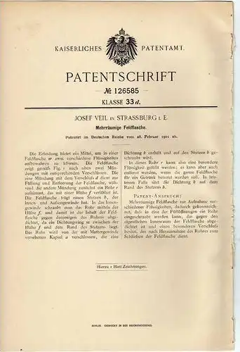 Original Patentschrift -  Feldflasche , Josef Veil Strassburg i. E. 1901 !!!