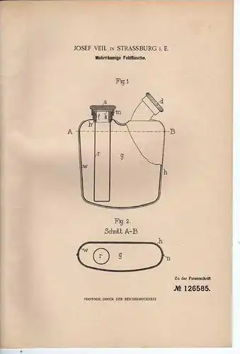 Original Patentschrift -  Feldflasche , Josef Veil Strassburg i. E. 1901 !!!