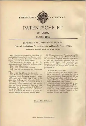 Original Patentschrift -  Fensterflügel , Carl Ahrend , Bremen  1901 !!!