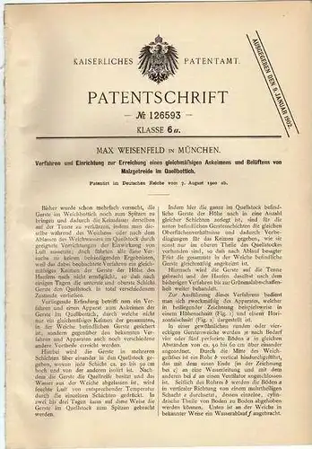 Original Patentschrift -  Einrichtung zum Ankeimen v. Malzgetreide , Brauerei , Weisenfeld , München 1900 !!!