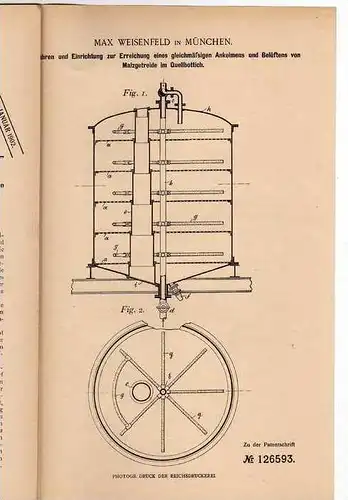 Original Patentschrift -  Einrichtung zum Ankeimen v. Malzgetreide , Brauerei , Weisenfeld , München 1900 !!!